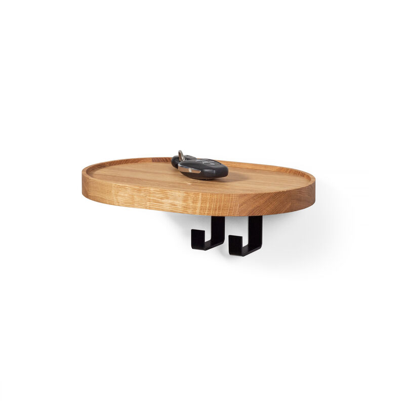 Wall-Mounted Modern Oak Hardwood Coat Rack with a Shelf and Two Metal Hooks