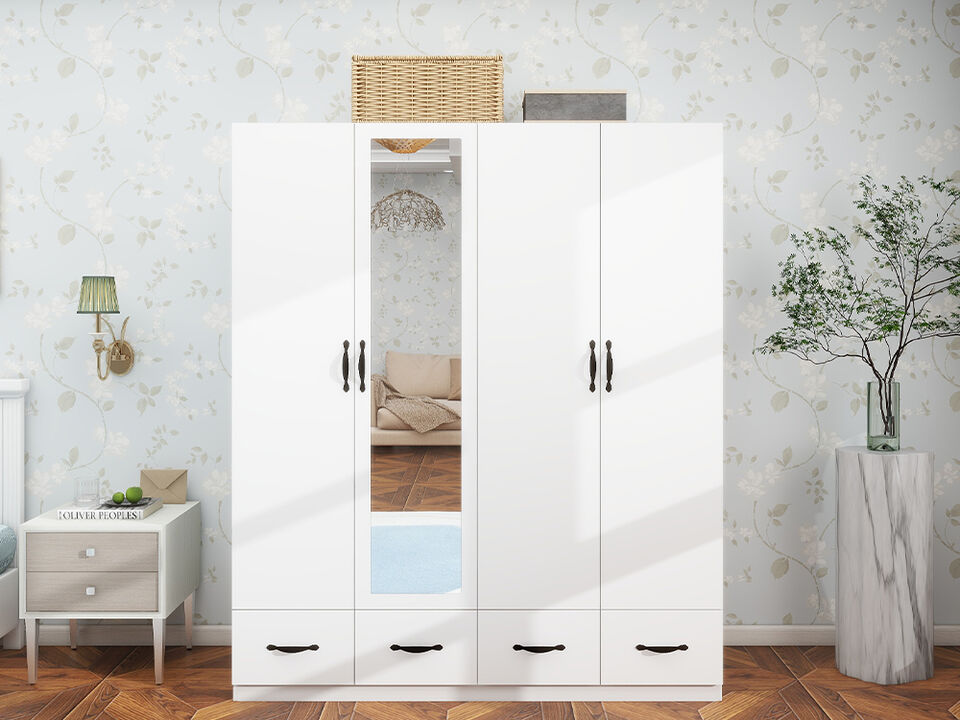Mirror White Four Doors Freestanding Armoires Wardrobe Cabinet Closet with Hanging Rods Wood Wardrobe Clothes Storage Shelf Four Drawers Tall Bedroom Closet Storage