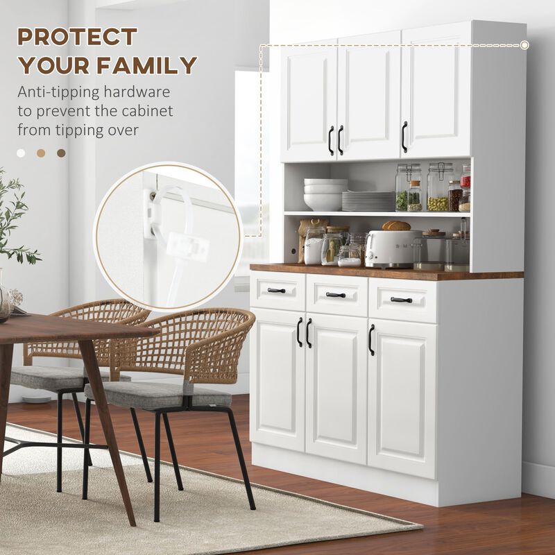 White Kitchen Hutch: 71" Pantry Cabinet with Drawers & Countertop