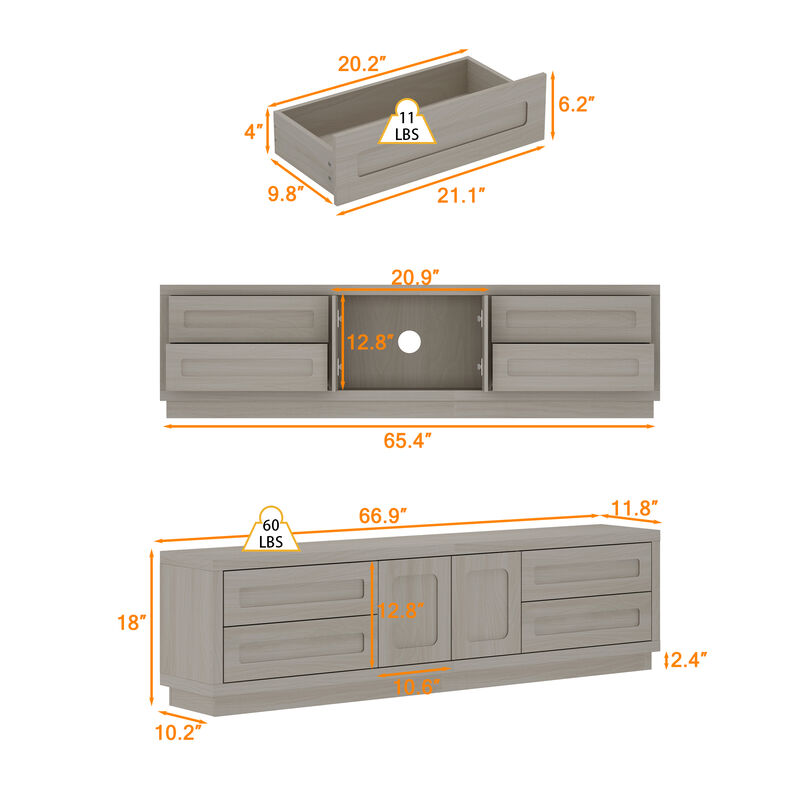 FUFU&GAGA Grey Wood Grain TV Stand with Storage, PB & MDF Construction (66.9" W x 18" H x 11.8" D), Grey Wood Finish