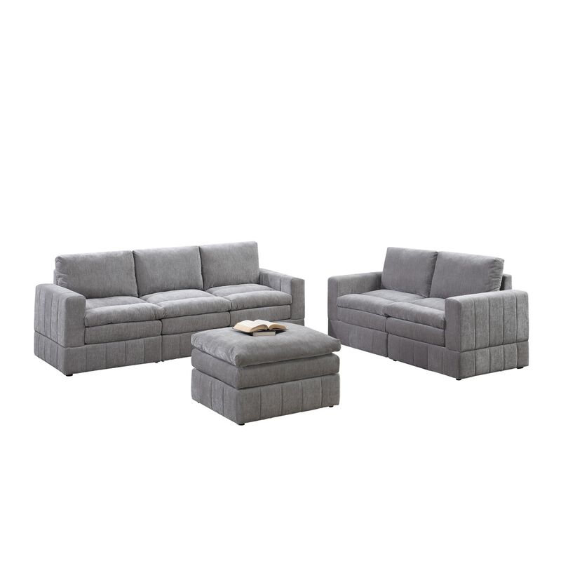 6 Piece Modular Sectional Set: 4 One Arm Chair, 1 Wedge, 1 Armless Chair, 1 Ottoman, Granite Color