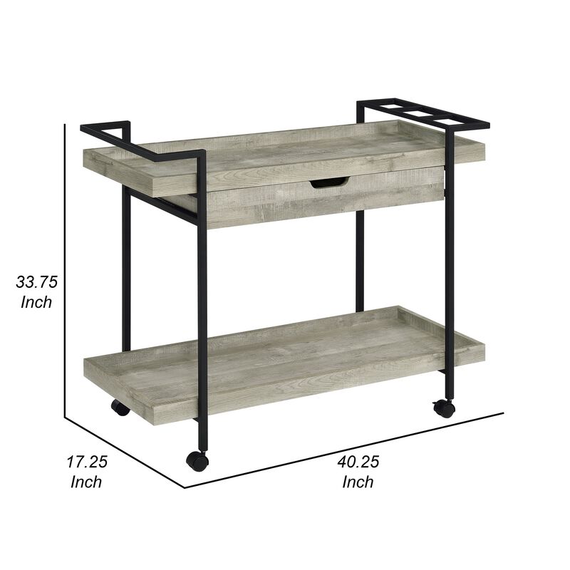Tra 40 Inch Rolling Bar Cart, 2 Tier with Drawer, Gray Wood, Black Metal - Benzara
