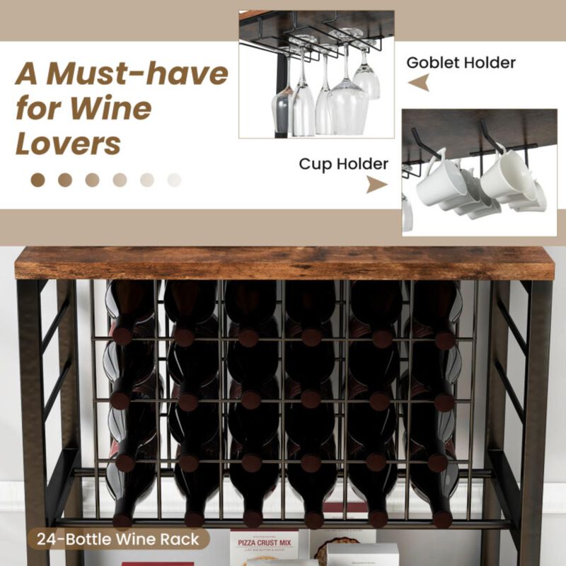 Hivvago Wine Bar Cabinet Wine Rack with 4 Tier Storage Shelves and Glass Holders