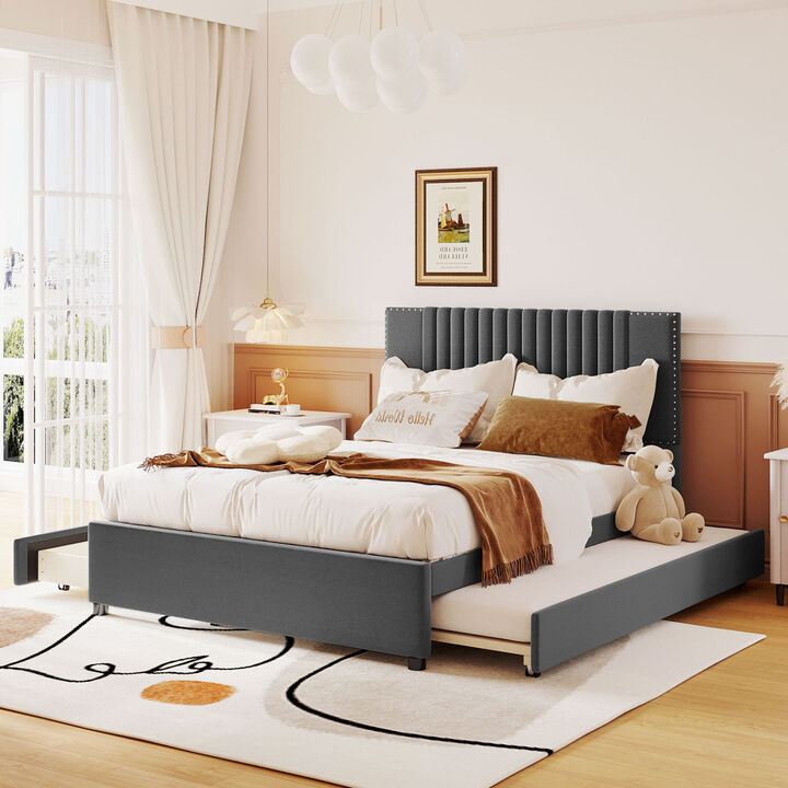 Full Size Upholstered Platform Bed With 2 Drawers And 1 Twin Size Trundle, Classic Headboard Design