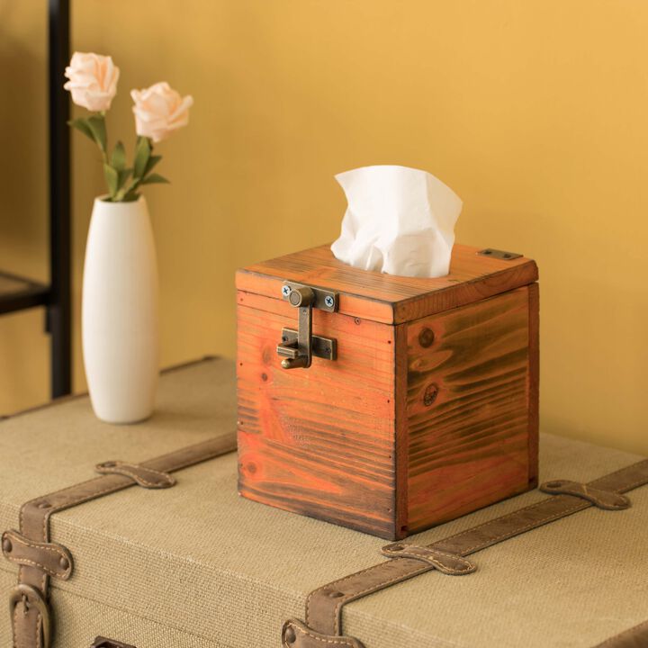 Square Wooden Rustic Lockable Tissue Box Cover Holder