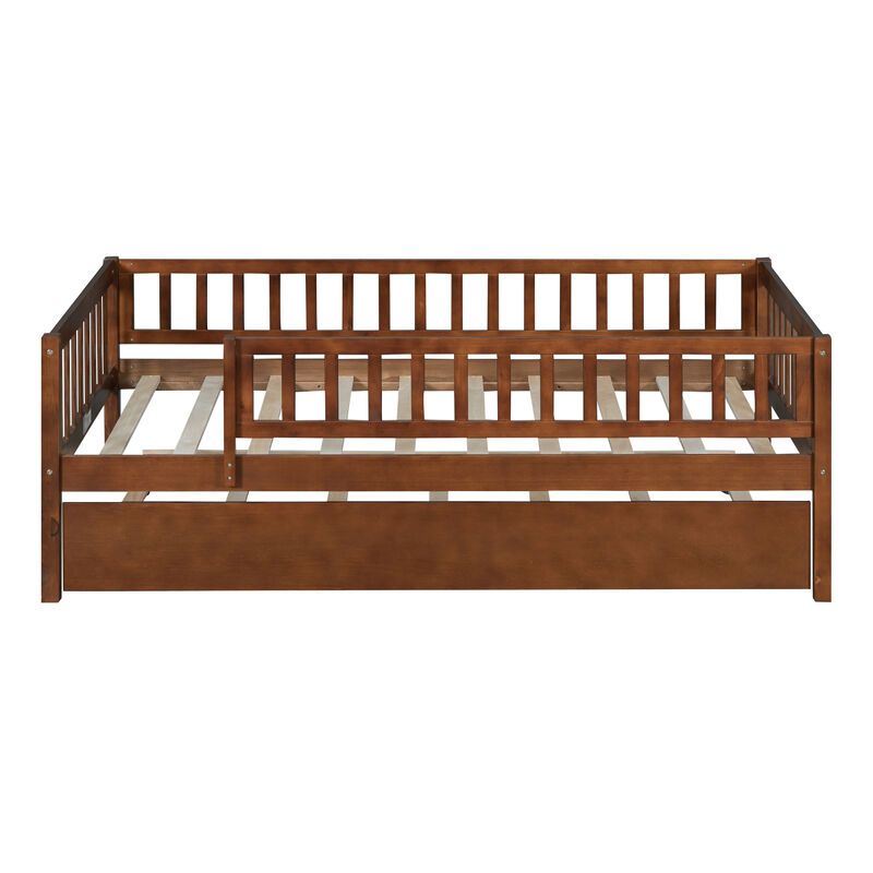 Twin Size Wood Daybed With Trundle And Fence Guardrails