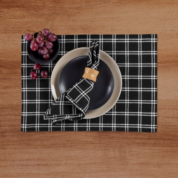 Solino Home Black Linen Napkins Set of 4 - 100% Pure Linen Marseille Plaid Napkins 20 x 20 Inch, Christmas Decoration