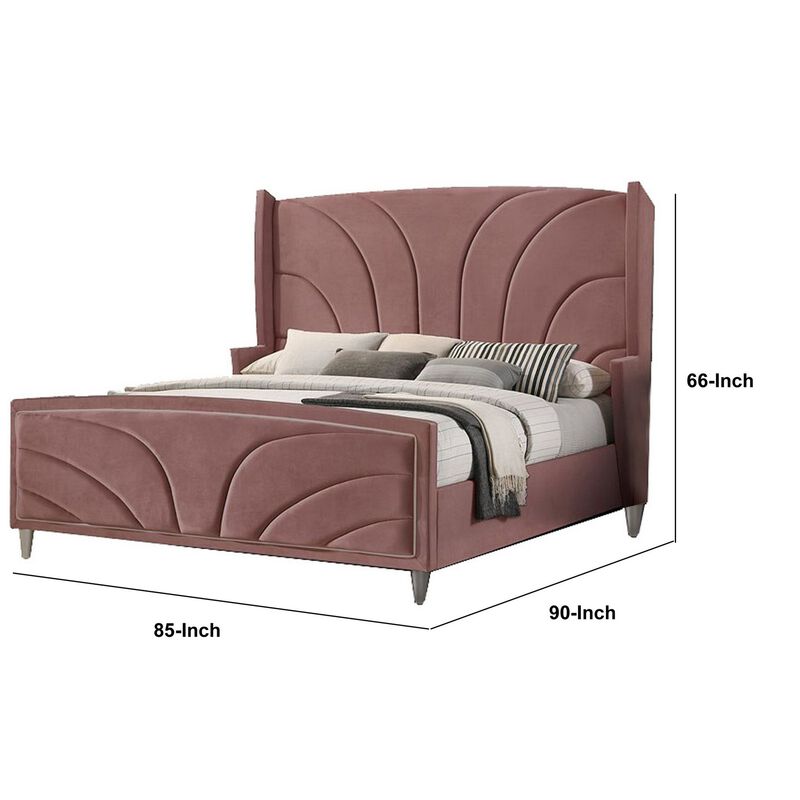 Kerith Modern Wood King Size Bed, Wingback Frame, Pink Velvet, Chrome Legs-Benzara