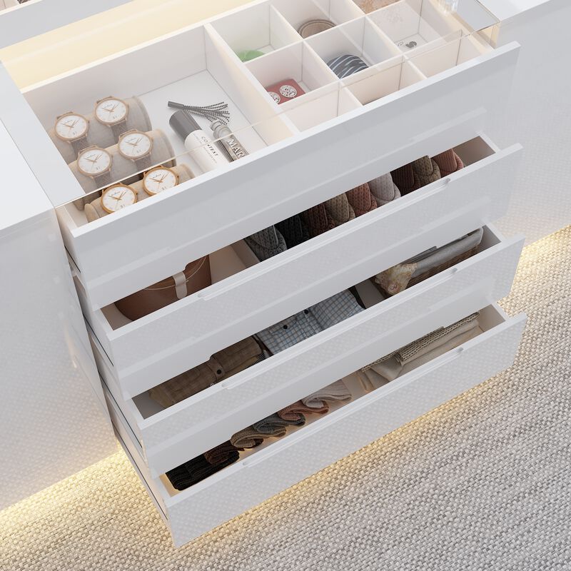 Armoire Bedroom Island with LED Light, Glass Tabletop & Storage Organizer, Wardrobe Closet with 16 Handle-Less Drawers, Walk-in Closet Island Dresser for Bedroom Shops, White