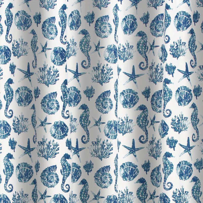 Riga 72 Inch Shower Curtain, Blue Seashells Print, Button Holes, Microfiber-Benzara