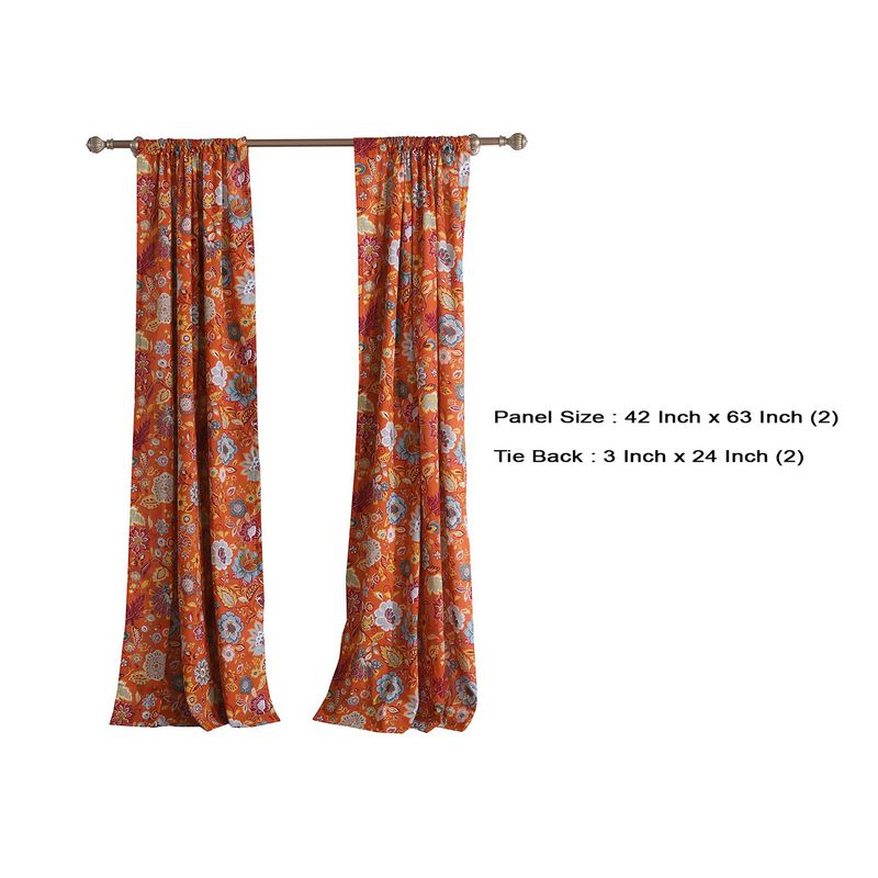 Paris 4 Piece Floral Print Fabric Curtain Panel with Ties, Orange - Benzara