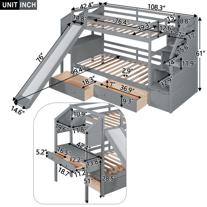 Twin Over Twin Bunk Bed With Storage Staircase, Slide And Drawers, Desk With Drawers And Shelves