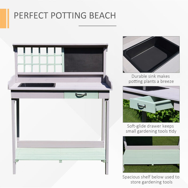 Light Gray Garden Station: Potting Bench with Sink, Blackboard & Storage