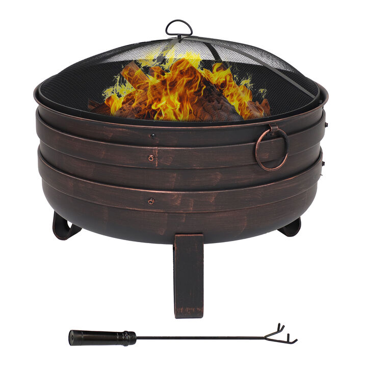 Sunnydaze 24 in Cauldron Fire Pit with Spark Screen and Cover - Bronze