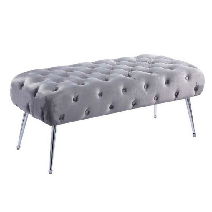 Rey 48 Inch Accent Bench, Tufted Gray Velvet Upholstery Padded Seat, Chrome - Benzara