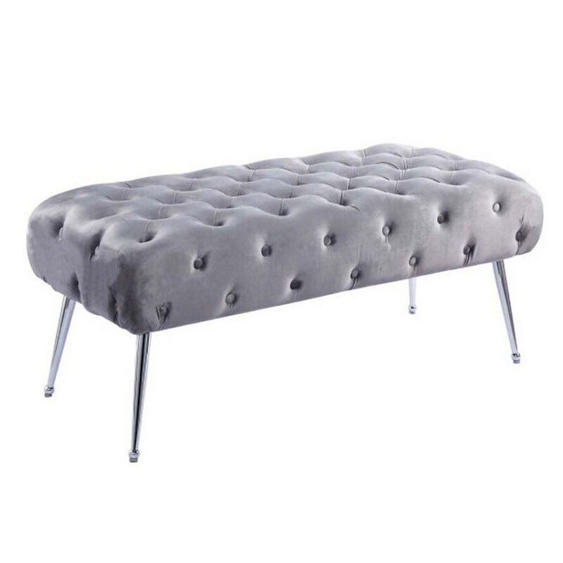 Rey 48 Inch Accent Bench, Tufted Gray Velvet Upholstery Padded Seat, Chrome - Benzara