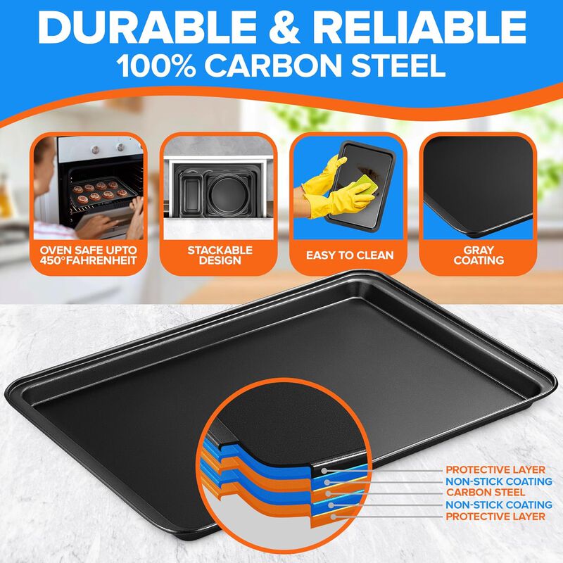 Stackable Baking Pan Set - Nonstick Gray Coating, Carbon Steel Bakeware Sets, PFOA, PFOS, PTFE Free, Recipe Booklet Included, Oven Safe Tray (Up To 450° F), Set of 10 - Gray