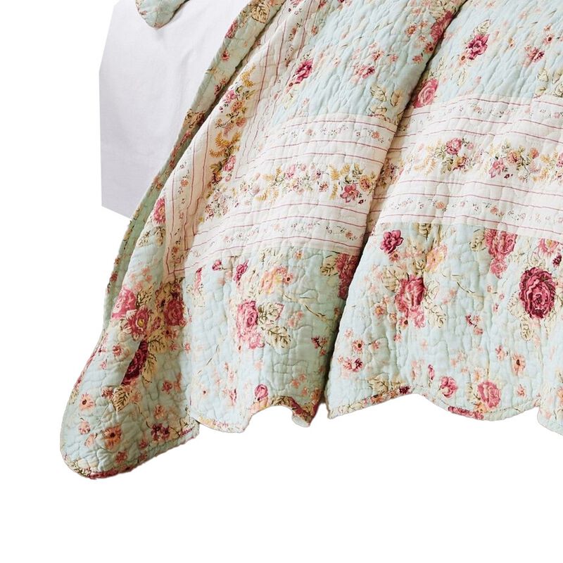 Rosle 2pc Twin Quilt and Pillow Sham Set, Scallop Edges, Floral Blue Cotton - Benzara
