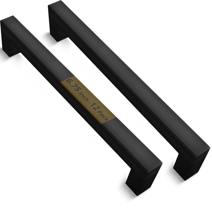 Mega Handles 12 Pack I Cabinet Pulls 6.75 Inch, Stainless Steel Cabinet Handle Pulls I Ideal for Kitchen Drawer, Cabinets, Cupboard I Hardware for Cabinets - Hole Distance 6.25 Inch - Matte Black