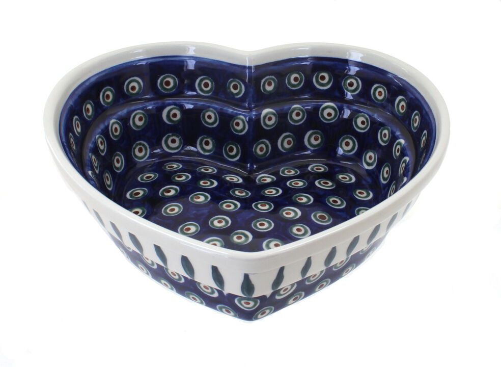 Blue Rose Polish Pottery Mosaic Flower Large Heart Bowl