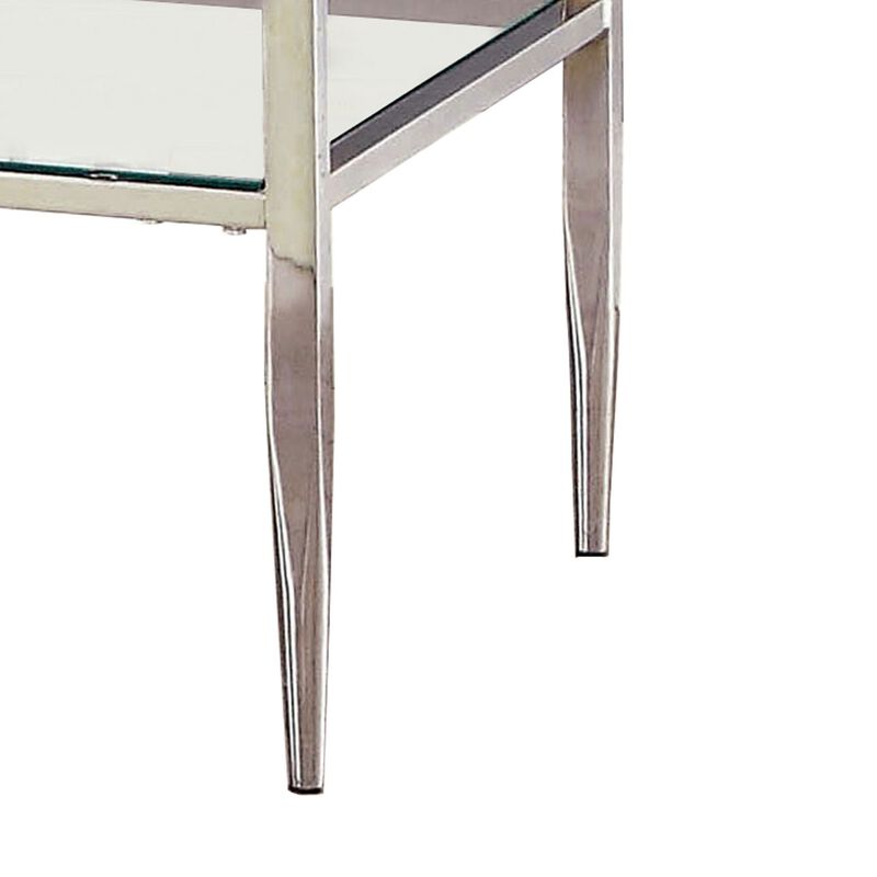 Metal Square End Table, Glass Top, Open Shelf, Chrome-Benzara