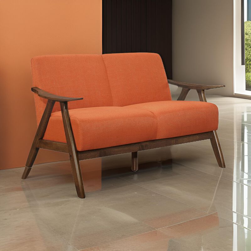 Indy 51 Inch Loveseat, Brown Wood Angled Frame, Textured Orange Fabric - Benzara