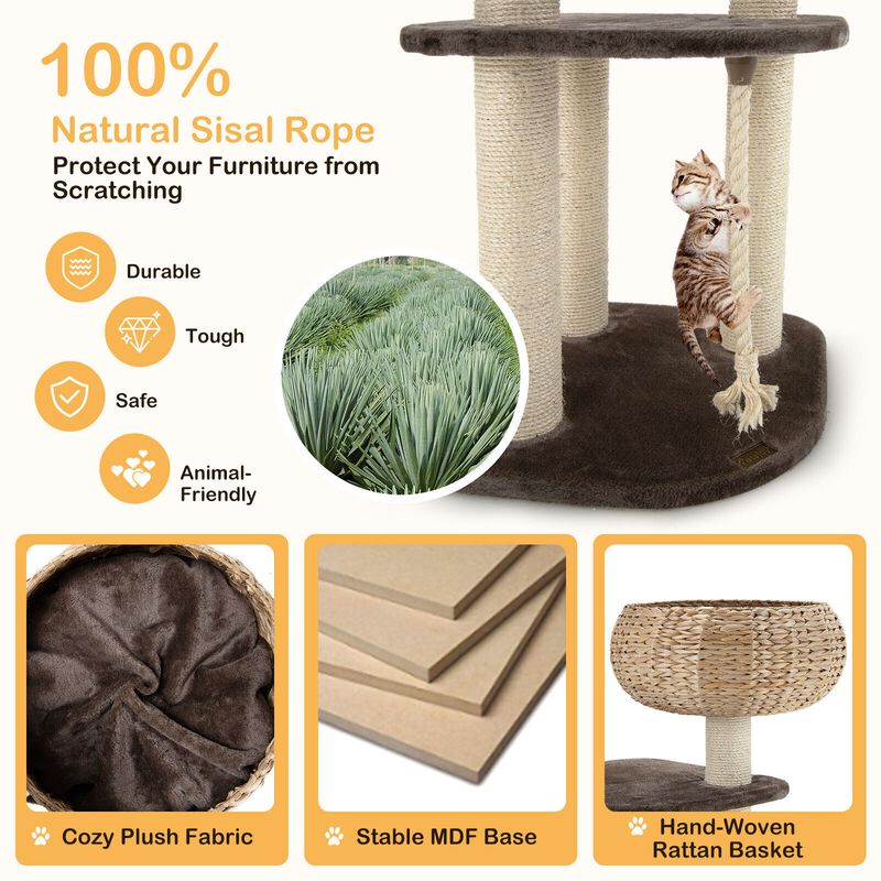 41 Inch Rattan Cat Tree with Napping Perch-Beige