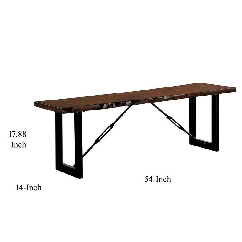 Rectangular Metal Frame Bench with Wooden Seat, Black and Brown-Benzara
