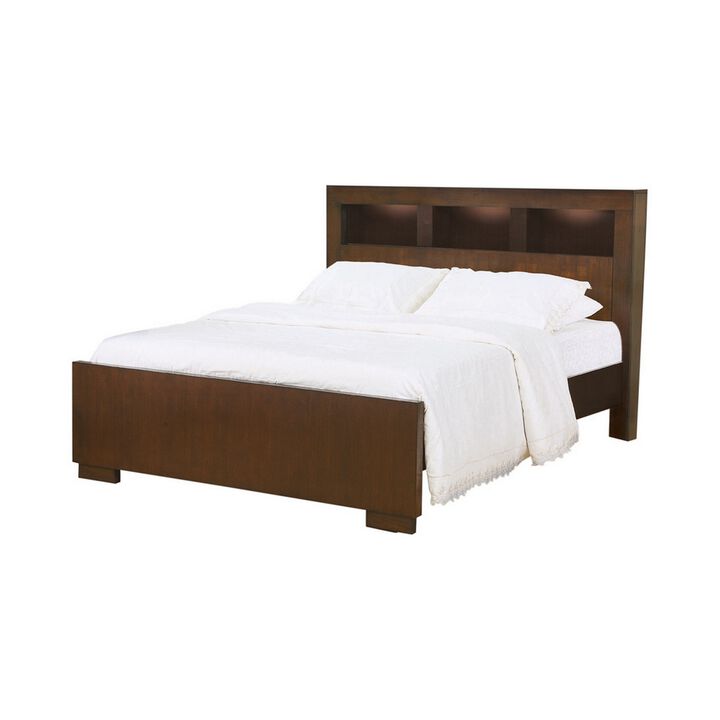 3 Open Bookcase Eastern King Size Bed with Soft Light, Brown-Benzara