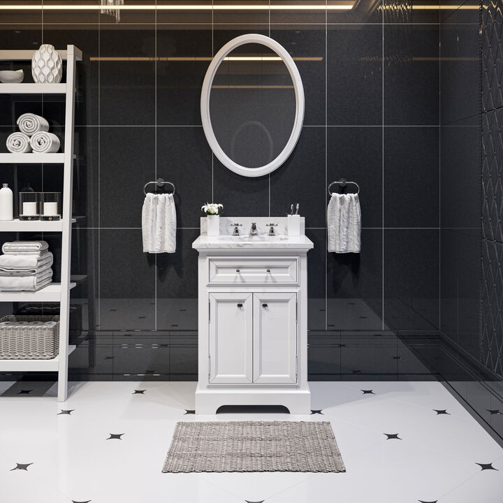 Derby 24 In. Single Sink Carrara White Marble Countertop Bath Vanity In Pure White