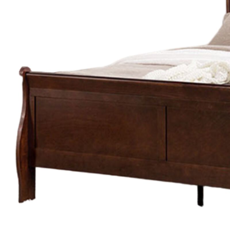 Ryla Queen Size Bed, Sleigh Panel Headboard, Dark Cherry Brown Solid Wood