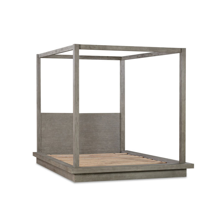 Nels King Platform Canopy Bed, Low Profile, Mitered Edges, Mineral Gray  - Benzara