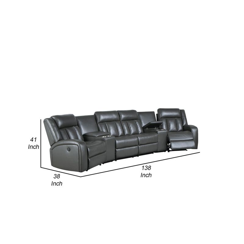 Max 5 Piece Modern Manual Recliner Sectional Set, Gray Vegan Faux Leather-Benzara