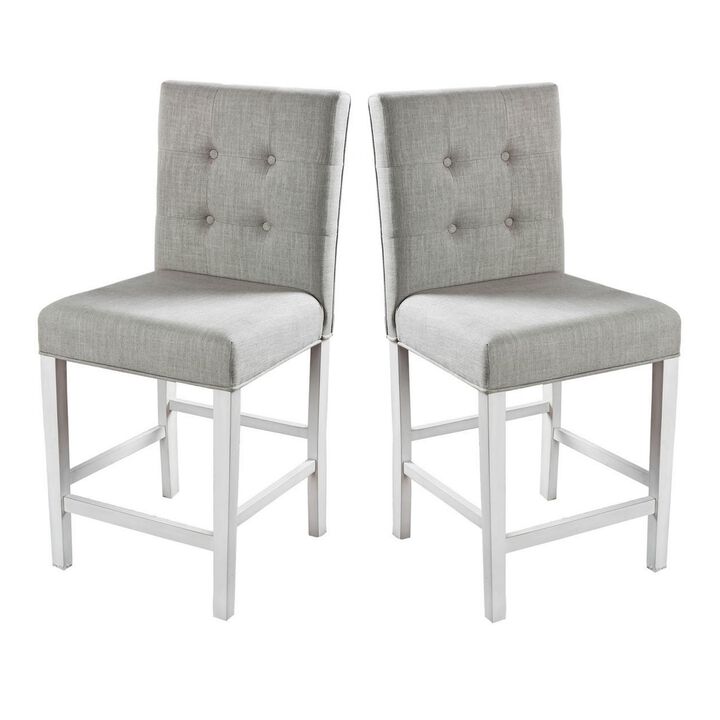 Fabric Upholstered Solid Wood Counter Height Chair, White and Gray, Pack of Two-Benzara