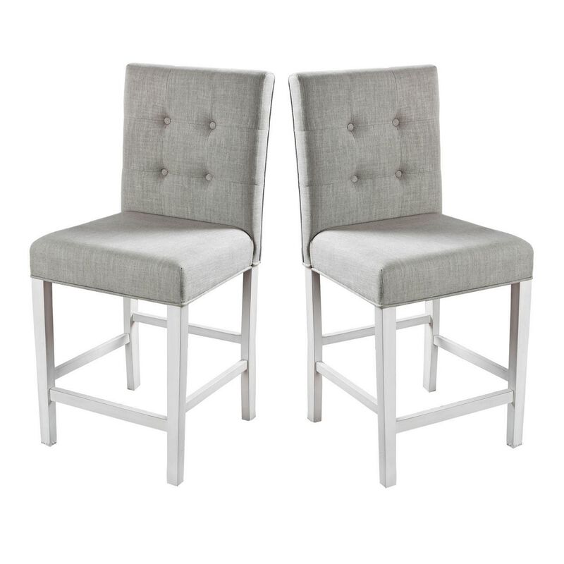 Fabric Upholstered Solid Wood Counter Height Chair, White and Gray, Pack of Two-Benzara