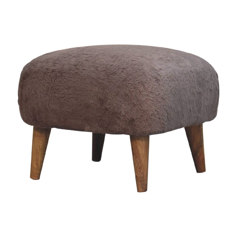 Mocha Faux Fur Upholstered Solid Wood Square Stool