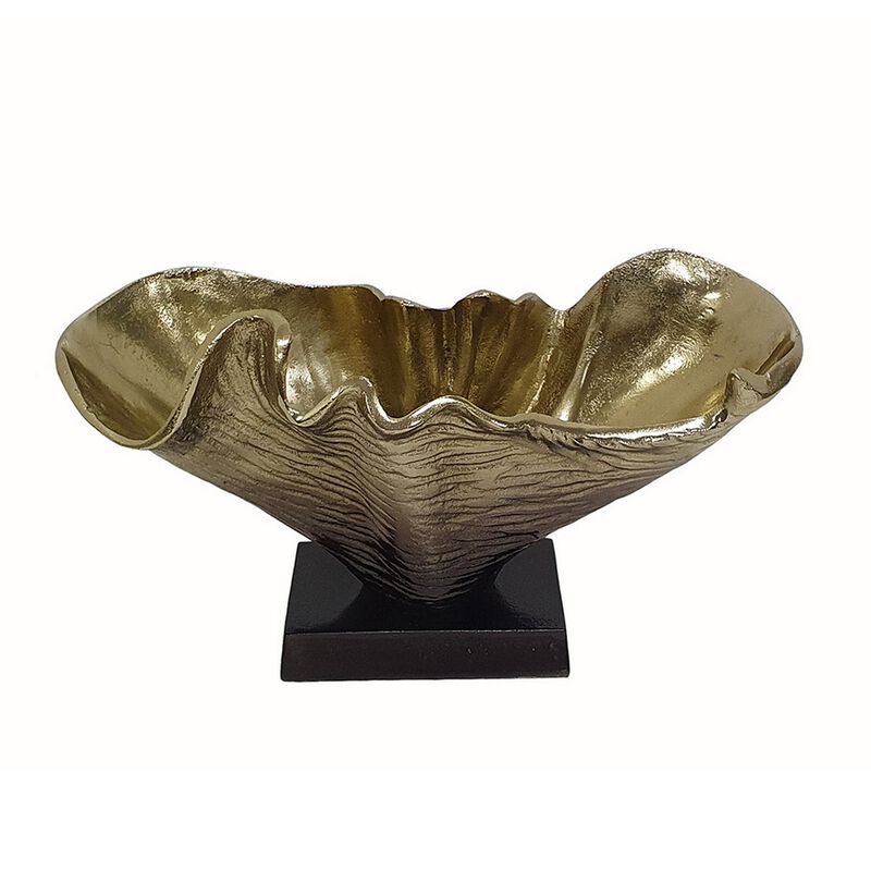 15 Inch Curved Shell Decorative Bowl, Aluminum, Square Base, Gold and Black - Benzara
