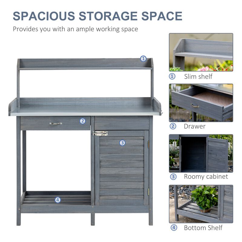 Grey Garden Workstation: Potting Bench with Cabinet and Steel Top