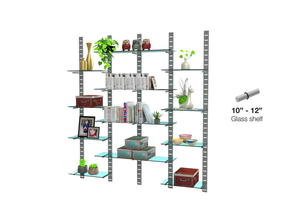 Trendy  Living Room Shelving System 91" High with 12 Mixed Glass Shelves 24" and 48" Length 10"-12" Width | 4 Sections- Shelves Sold Separately