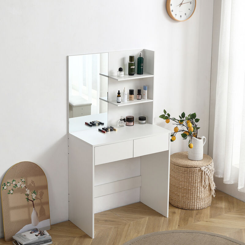 Vanity Desk With Mirror, Dressing Table With 2 Drawers, White Color