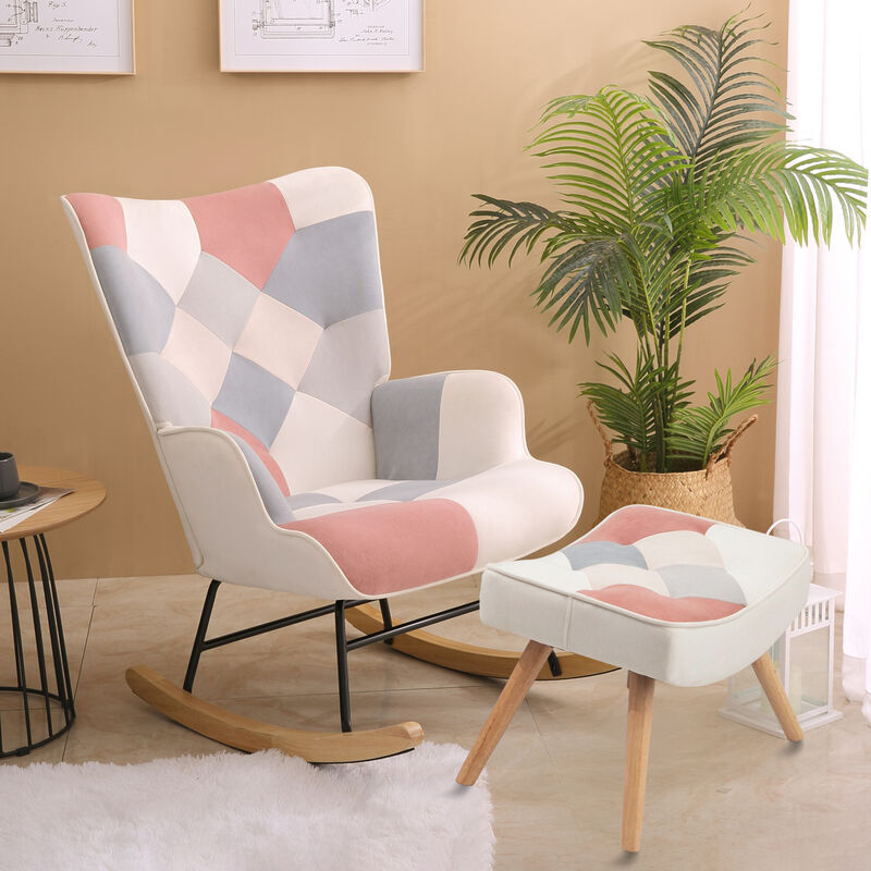Rocking Chair ,Mid Century Fabric Rocker Chair with Wood Legs and Patchwork Linen for Livingroom Bedroom