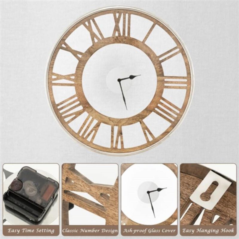 Hivvago 20 inch Classic Farmhouse Natural Wood Roman Numerals Wall Clock