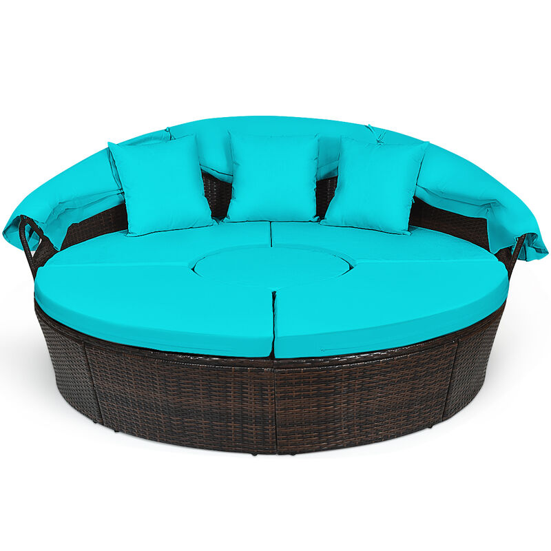 Patio Round Rattan Daybed with Retractable Canopy and Height Adjustable Coffee Table