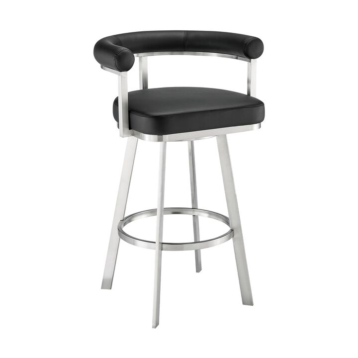 Weni 26 Inch Swivel Counter Stool Chair, Barrel Open Back, Chrome, Black - Benzara