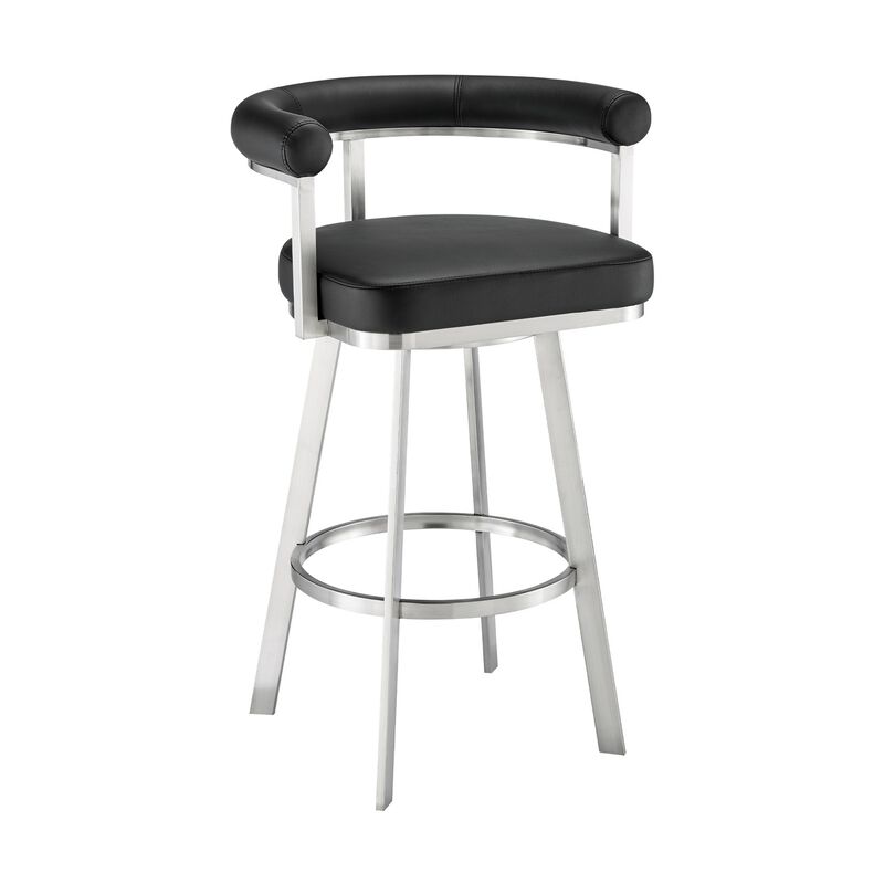 Weni 26 Inch Swivel Counter Stool Chair, Barrel Open Back, Chrome, Black - Benzara