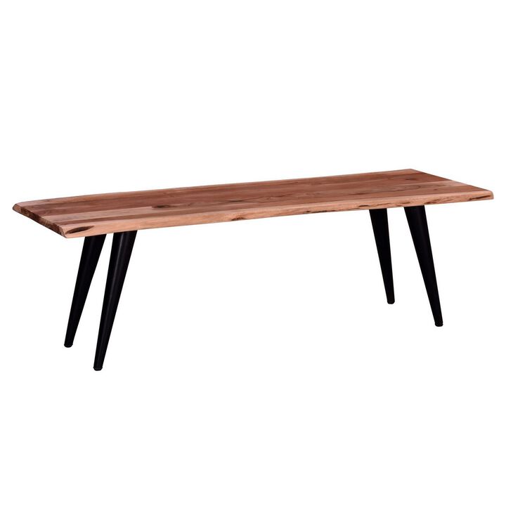 Zor 58 Inch Dining Bench, Live Edge Acacia Wood, Light Oak Brown, Black-Benzara