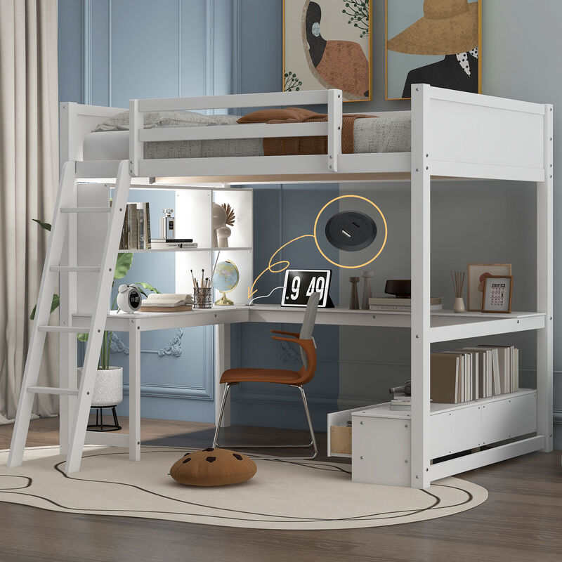 Merax Loft Bed with Desk, LED light and USB Charging Station