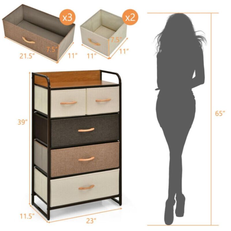 Hivvago 4-Tier Organizer Tower Steel Frame Wooden Top Storage with 5-Drawer Dresser