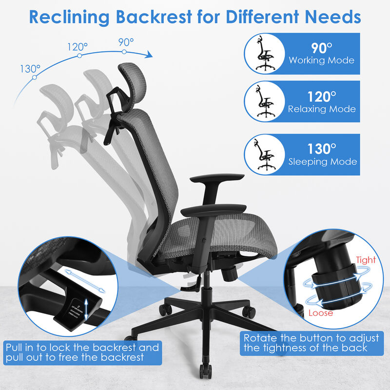 Costway Ergonomic High Back Mesh Office Chair Recliner Task Chair w/Hanger Grey