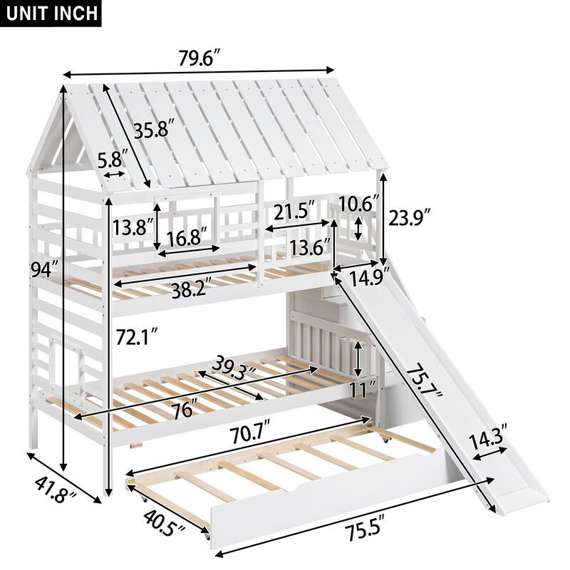 Twin Over Twin House Bunk Bed With Trundle And Slide, Storage Staircase, Roof And Window Design